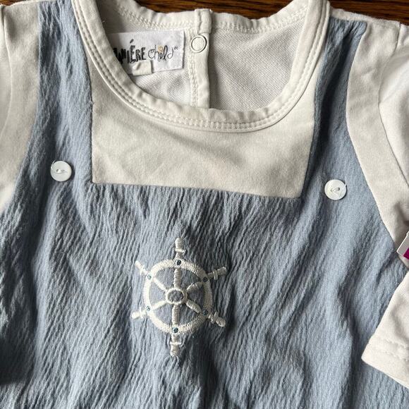 New Maniere Cotton Boy's Sailor Overall Footie one piece, Denim Blue - 12 months - Picture 3 of 5
